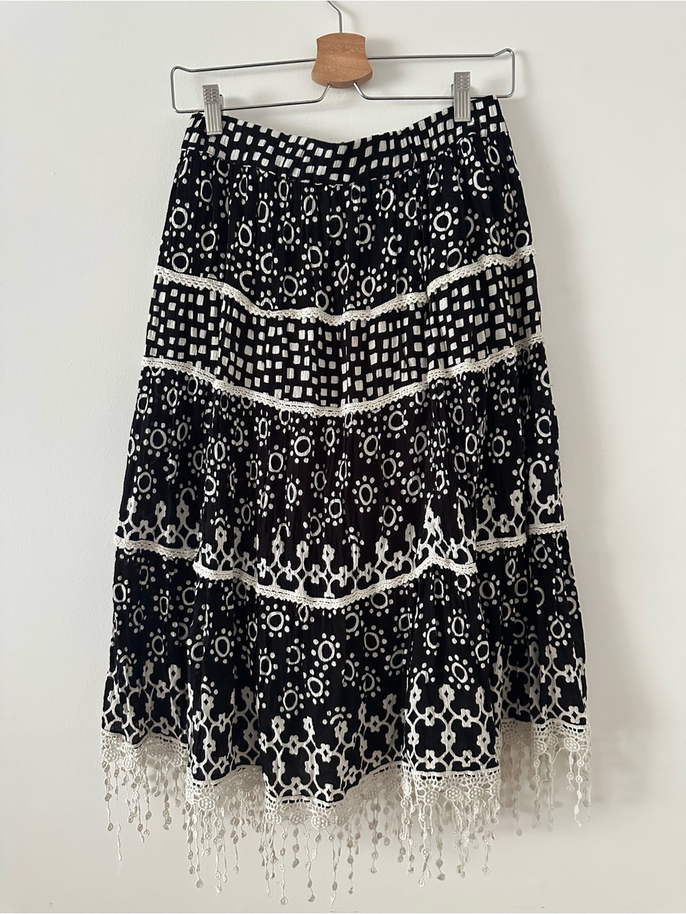 Black & White Tiered Midi Skirt with Lace Trim